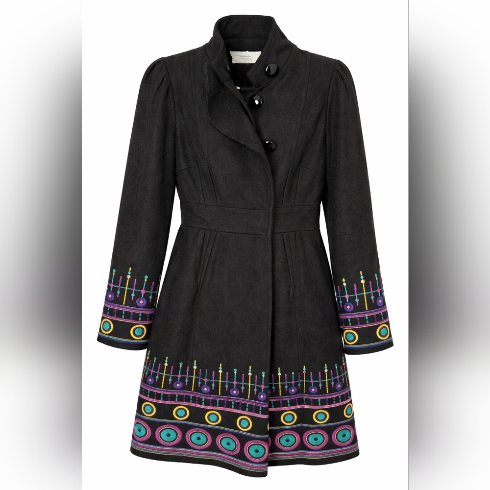 Anthropologie Plenty Vintage Wool Embroiderd Pea Coat Sz 2 - Picture 5 of 10